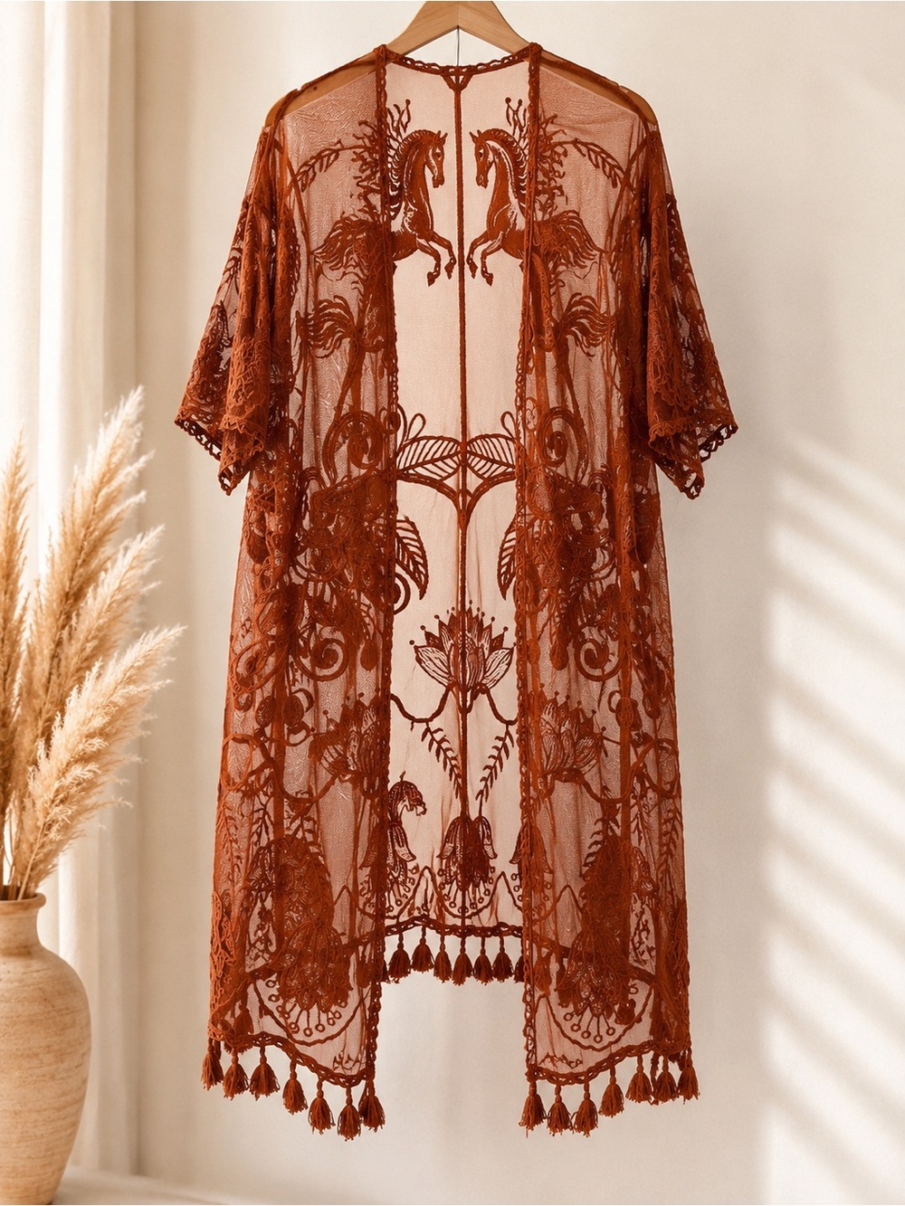 Sheer Embroidered Kimono Duster Horses Floral Tassels Bohemian Western Style